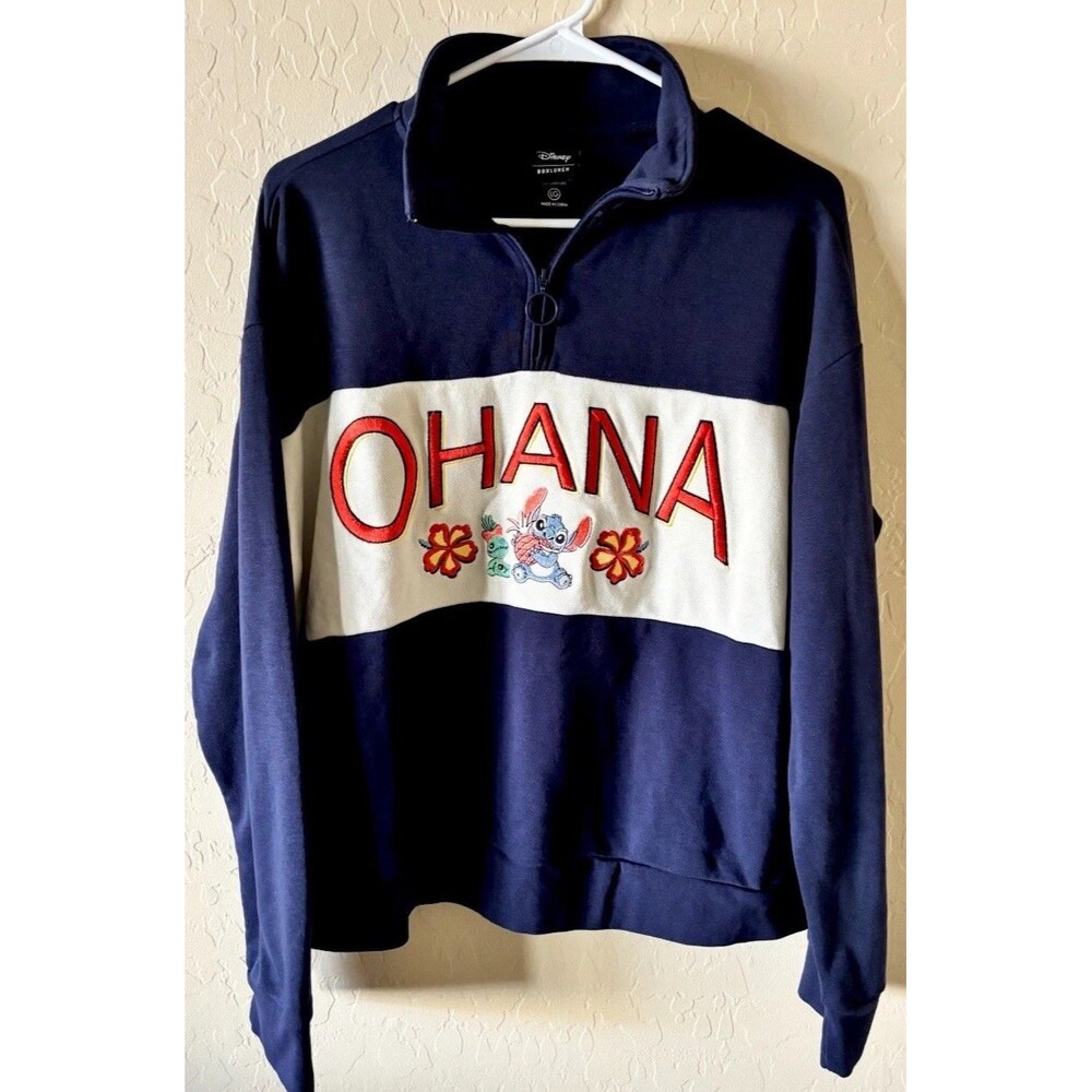 Disney BoxLunch Organic Cotton Lilo & Stich Ohana Navy Zip Pullover Size Large